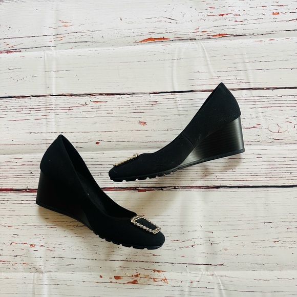 Anne Klein Black and Silver wedge heels with Silver Detail - Picture 2 of 5